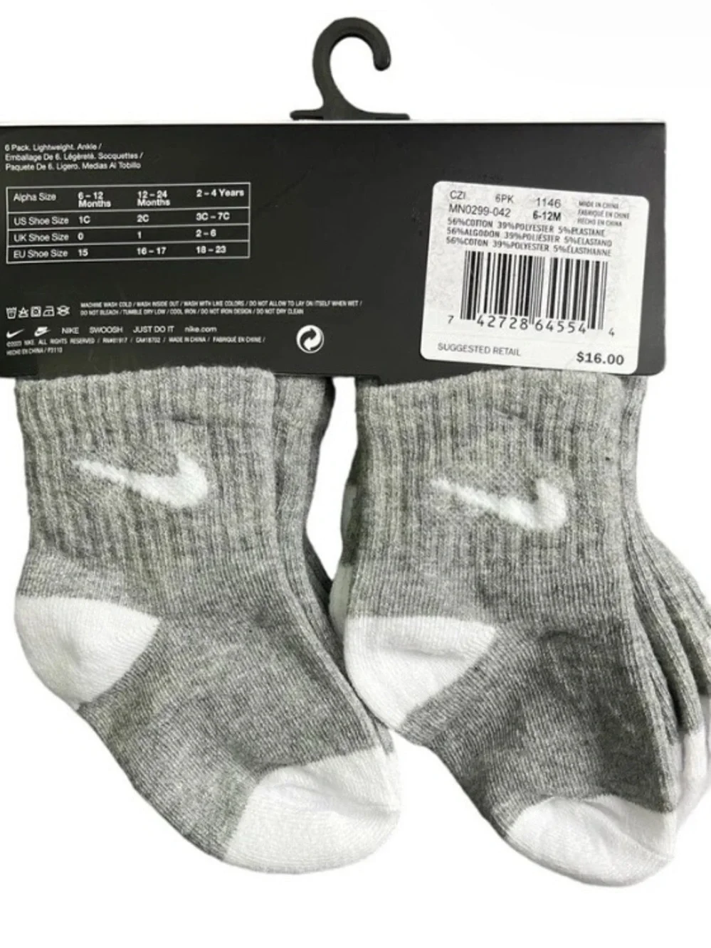 Nike Gray & White Baby Ankle Socks - 6 Pack